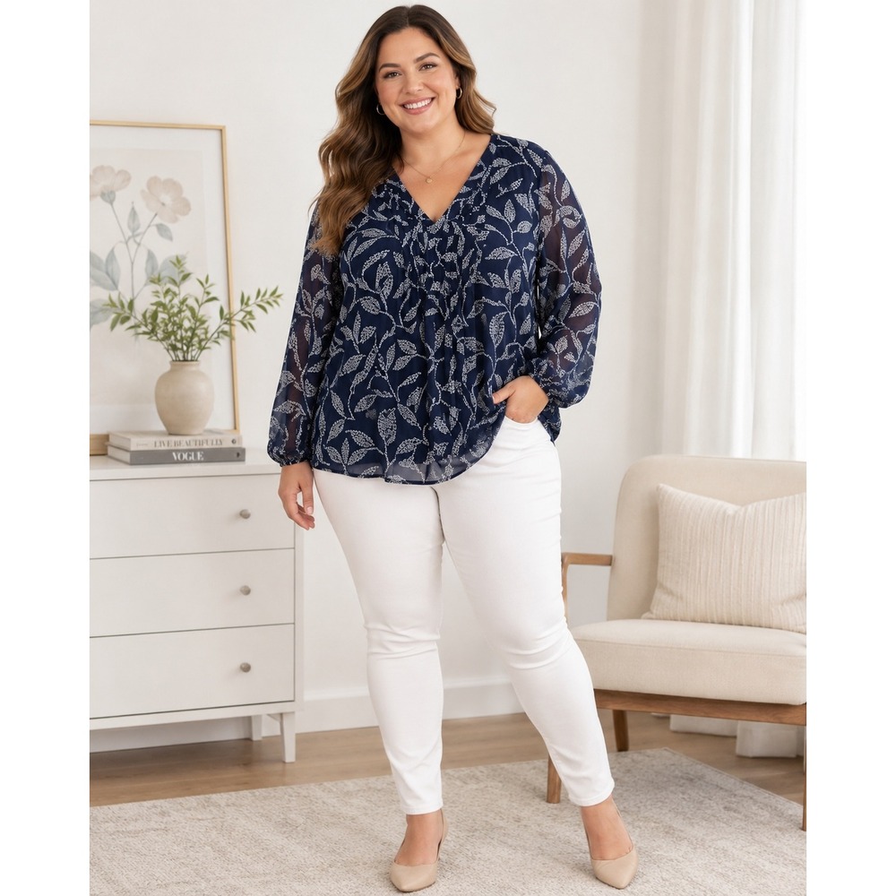 Lane Bryant 18 Navy White Floral Chiffon Blouse Boho Peasant Sheer Sleeve